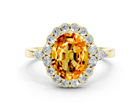 Yellow gold Oval Cut Citrine Halo Ring with Pear Side Stones and Prong Setting_12