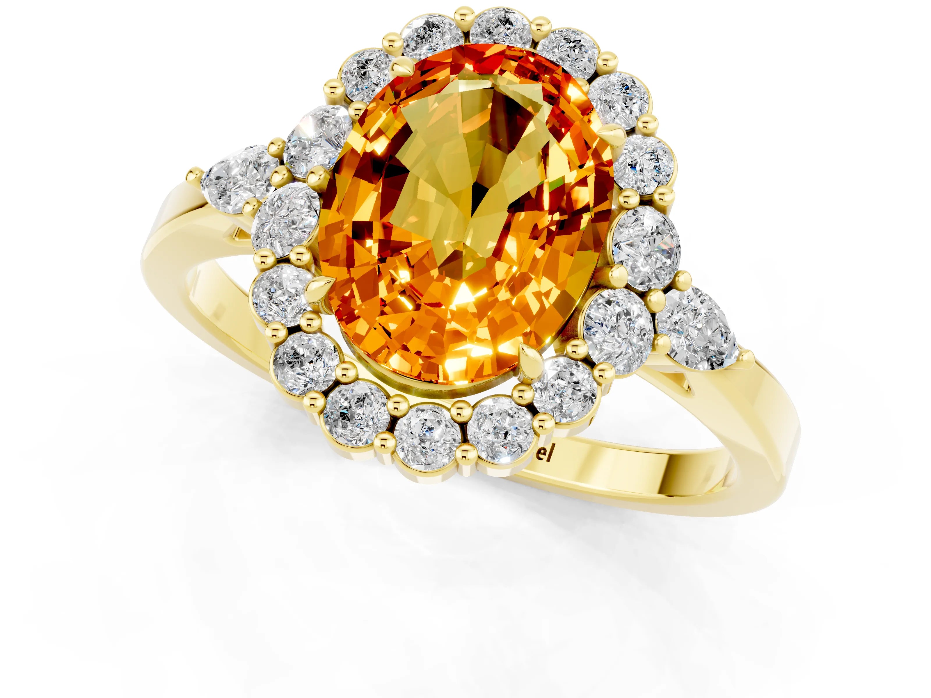 Yellow gold Oval Cut Citrine Halo Ring with Pear Side Stones and Prong Setting_13