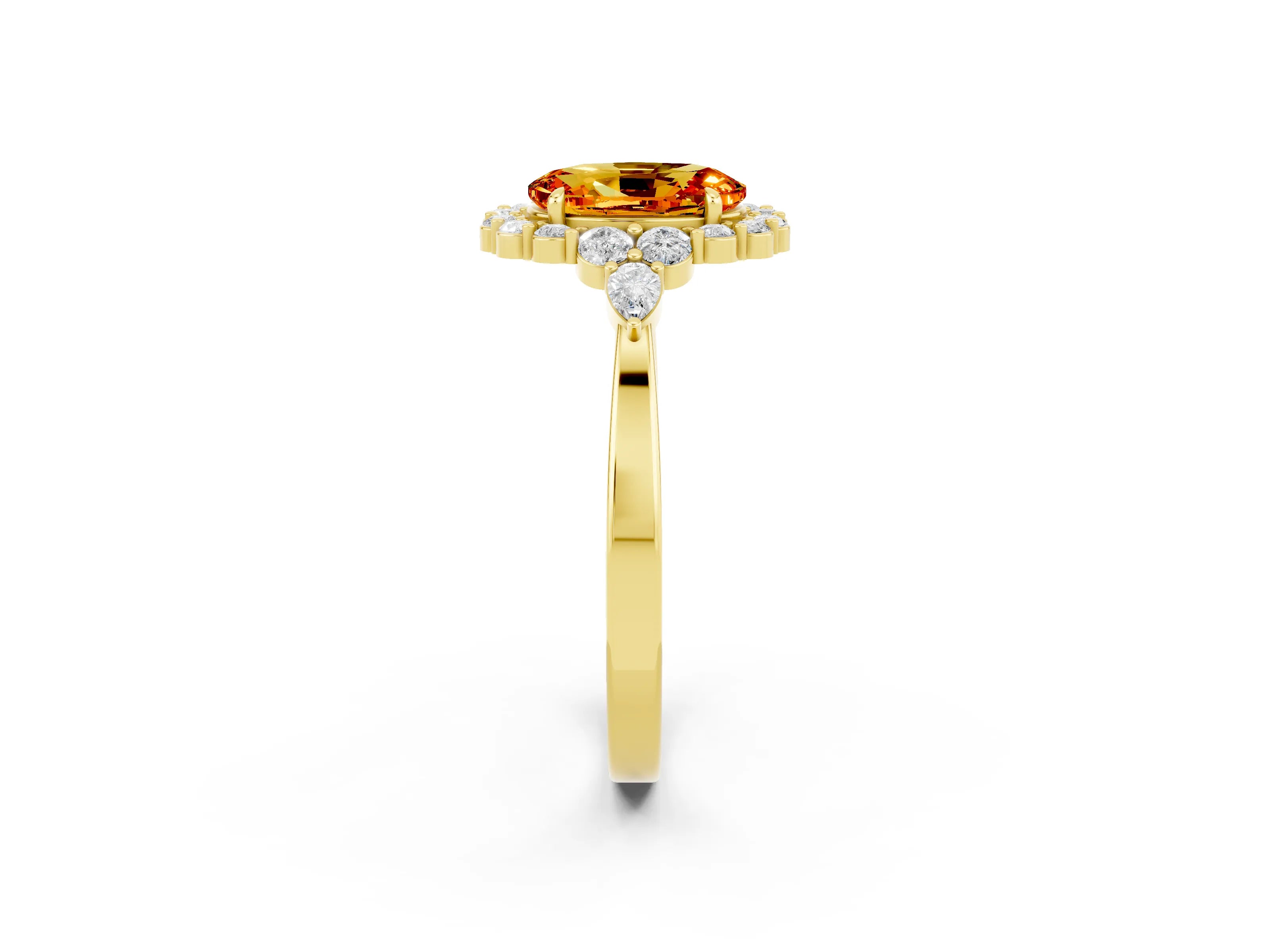 Yellow gold Oval Cut Citrine Halo Ring with Pear Side Stones and Prong Setting_14