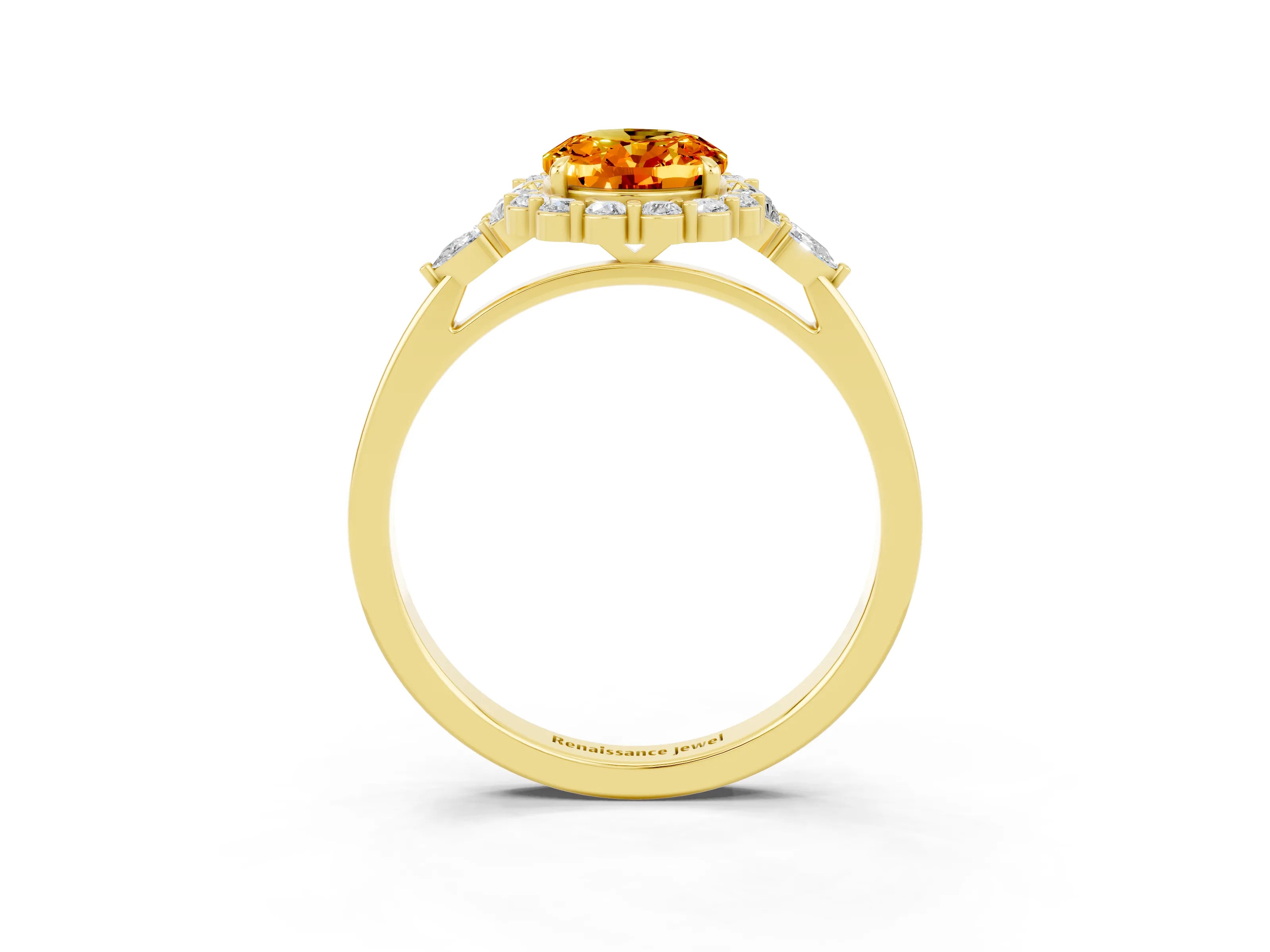 Yellow gold Oval Cut Citrine Halo Ring with Pear Side Stones and Prong Setting_15