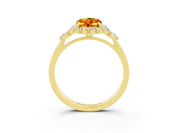 Yellow gold Oval Cut Citrine Halo Ring with Pear Side Stones and Prong Setting
