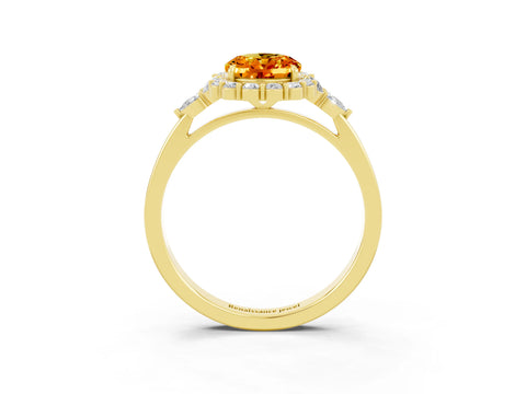 Yellow gold Oval Cut Citrine Halo Ring with Pear Side Stones and Prong Setting_15