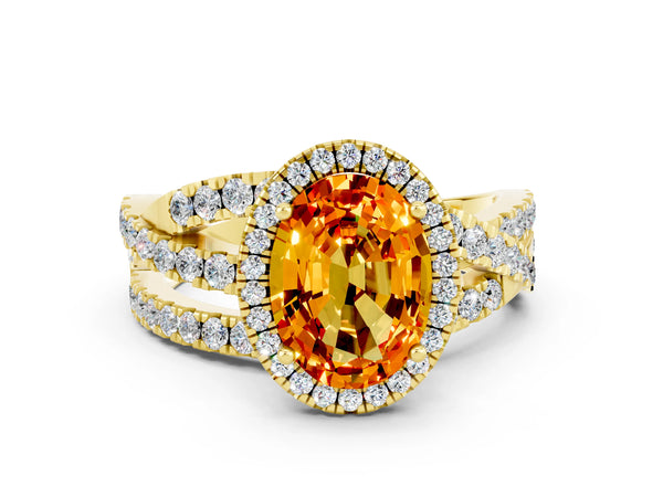 Yellow gold Oval Cut Citrine Halo Ring with Round Split Shank and Prong Setting