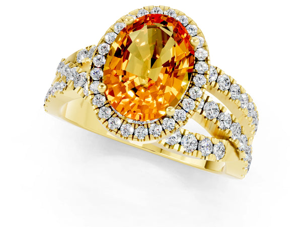 Yellow gold Oval Cut Citrine Halo Ring with Round Split Shank and Prong Setting