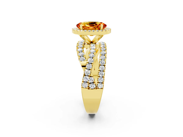 Yellow gold Oval Cut Citrine Halo Ring with Round Split Shank and Prong Setting
