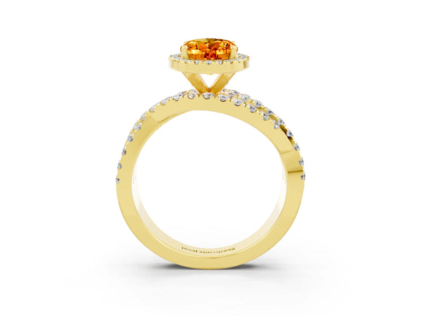 Yellow gold Oval Cut Citrine Halo Ring with Round Split Shank and Prong Setting