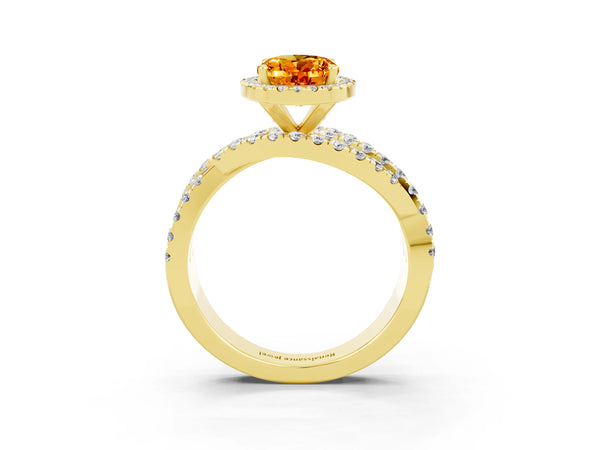 Yellow gold Oval Cut Citrine Halo Ring with Round Split Shank and Prong Setting
