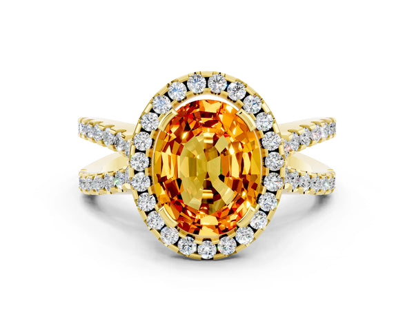 Yellow gold Oval Cut Citrine Halo Ring with Split Shank Pavé Band and Prong Setting
