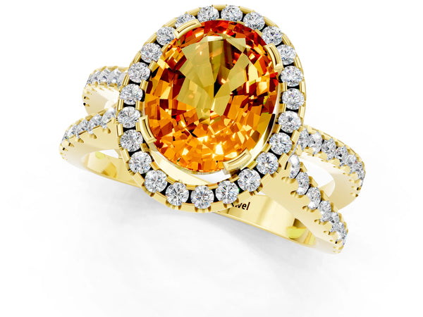 Yellow gold Oval Cut Citrine Halo Ring with Split Shank Pavé Band and Prong Setting