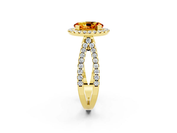 Yellow gold Oval Cut Citrine Halo Ring with Split Shank Pavé Band and Prong Setting