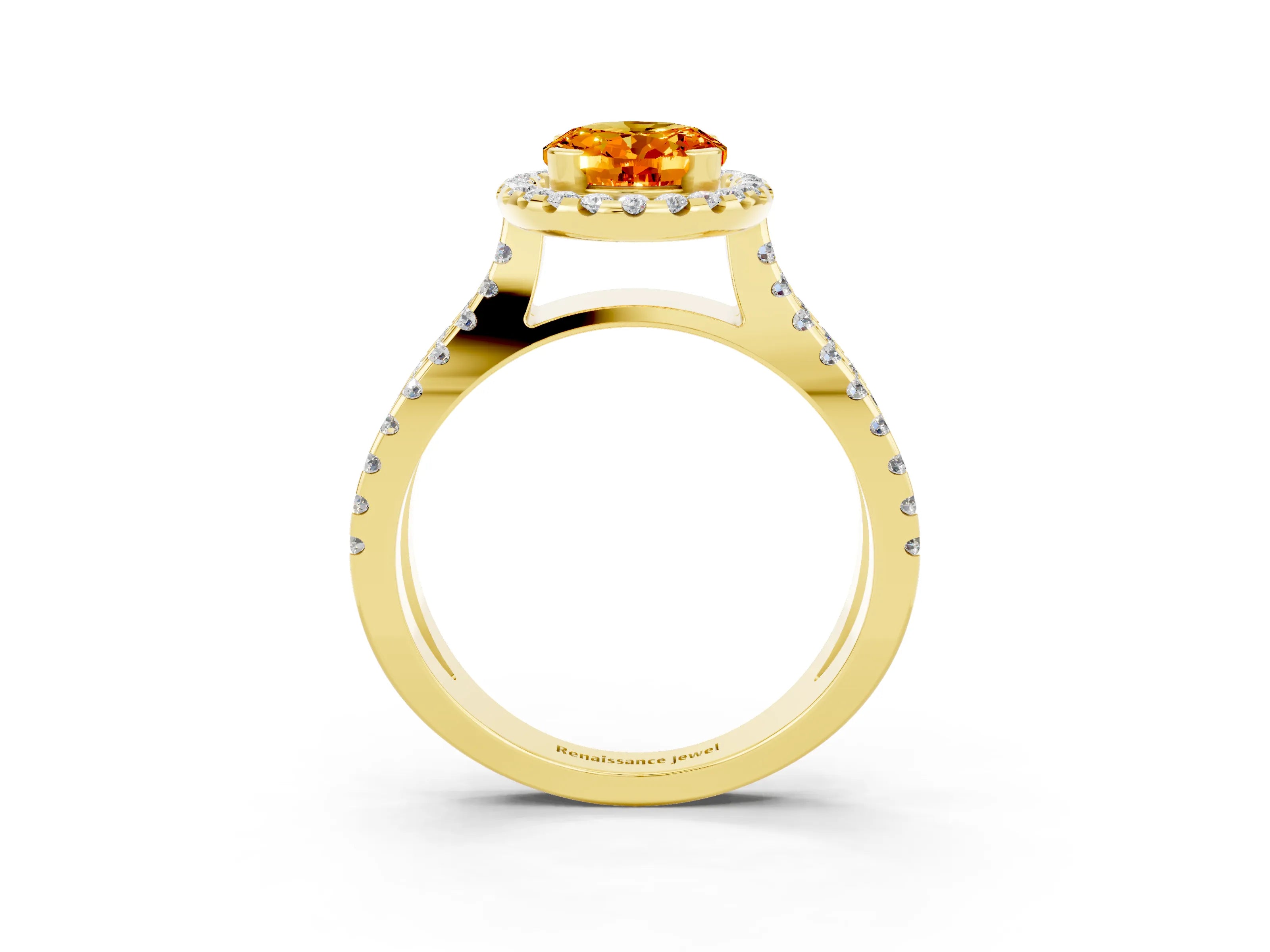 Yellow gold Oval Cut Citrine Halo Ring with Split Shank Pavé Band and Prong Setting_3