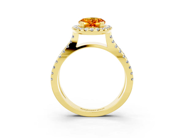 Yellow gold Oval Cut Citrine Halo Ring with Split Shank Pavé Band and Prong Setting