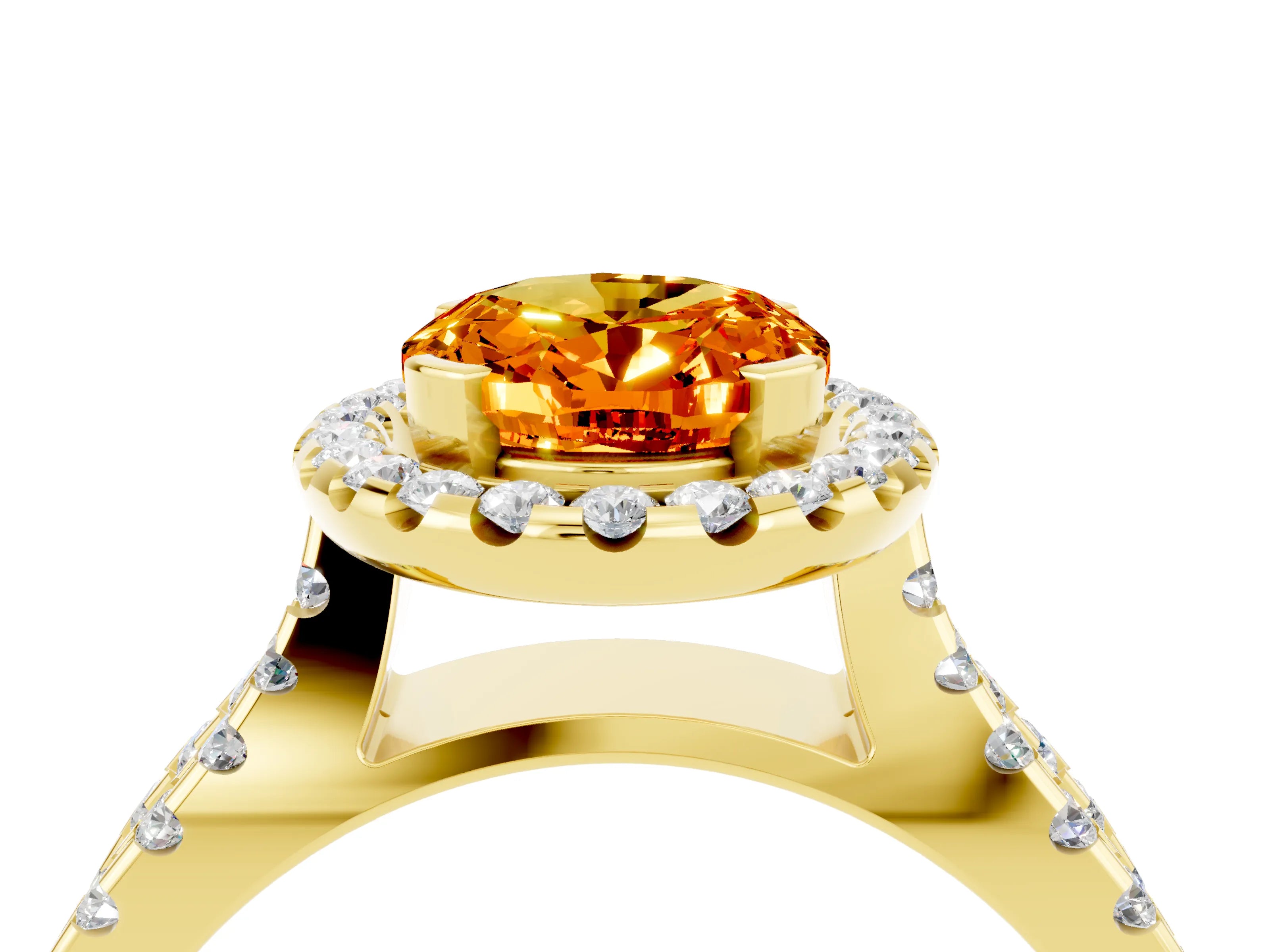 Yellow gold Oval Cut Citrine Halo Ring with Split Shank Pavé Band and Prong Setting_4