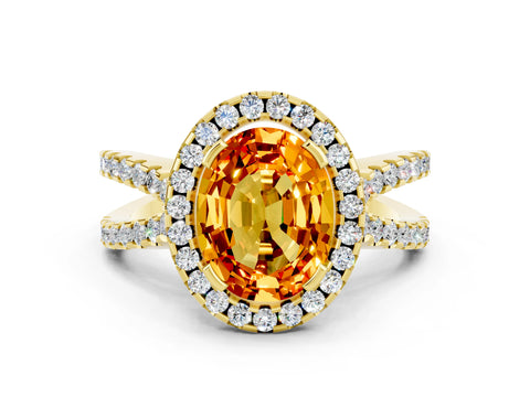 Yellow gold Oval Cut Citrine Halo Ring with Split Shank Pavé Band and Prong Setting