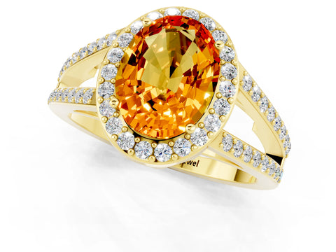 Yellow gold Oval Cut Citrine Halo Ring with Split Shank U-Prong Band and Four-Prong Setting_1