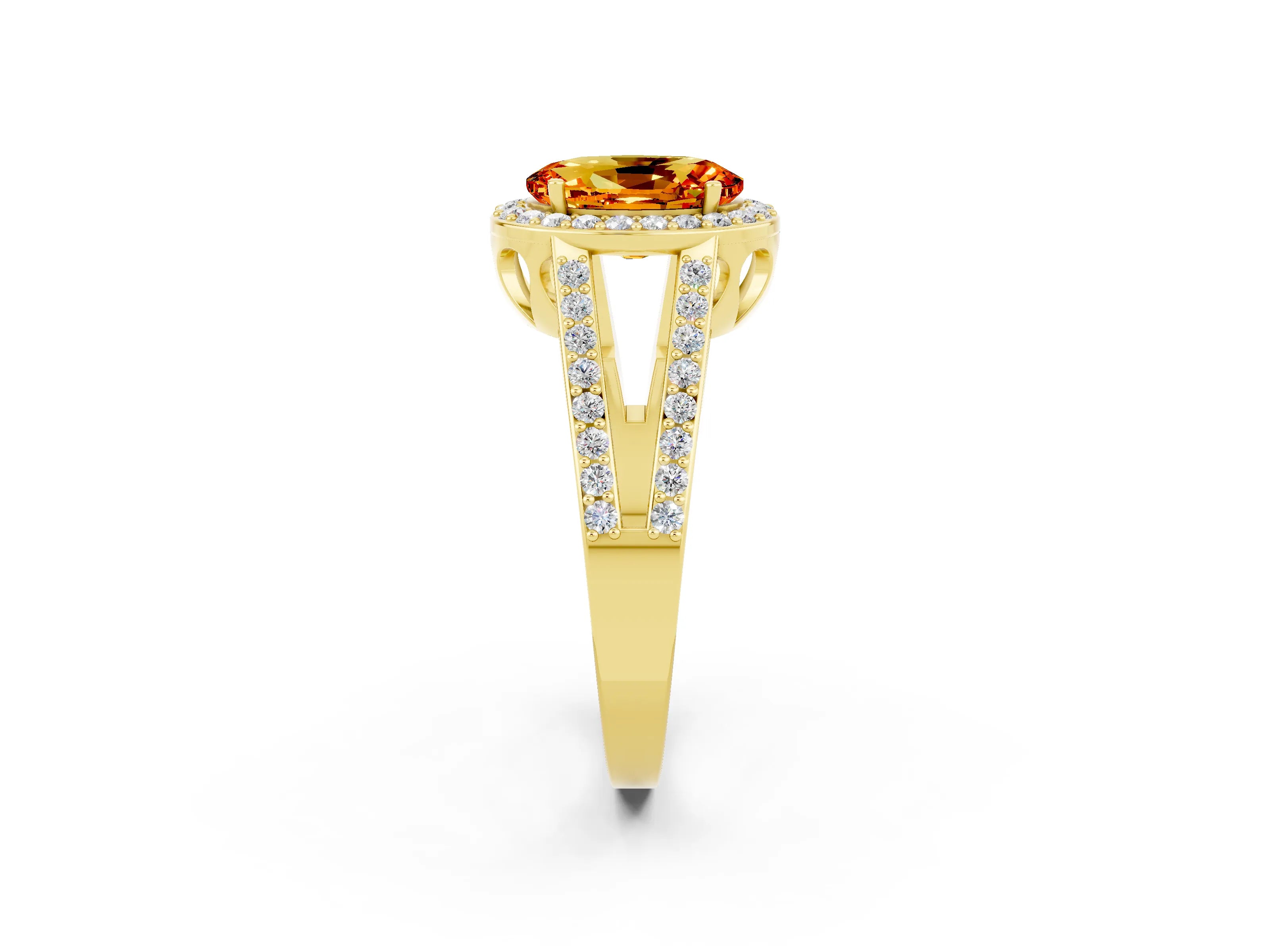 Yellow gold Oval Cut Citrine Halo Ring with Split Shank U-Prong Band and Four-Prong Setting_2