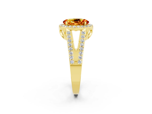 Yellow gold Oval Cut Citrine Halo Ring with Split Shank U-Prong Band and Four-Prong Setting