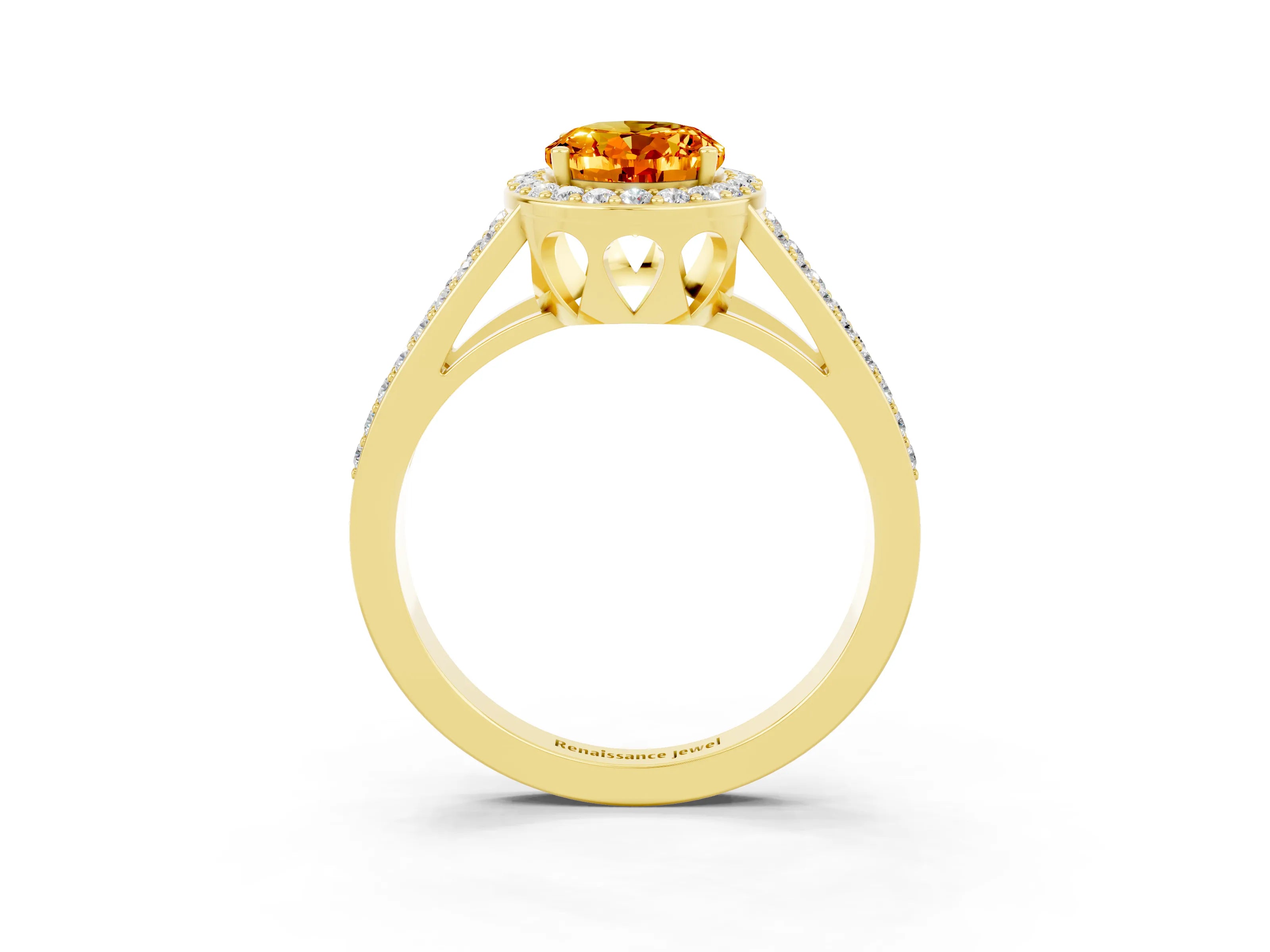 Yellow gold Oval Cut Citrine Halo Ring with Split Shank U-Prong Band and Four-Prong Setting_3