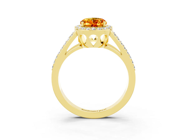 Yellow gold Oval Cut Citrine Halo Ring with Split Shank U-Prong Band and Four-Prong Setting