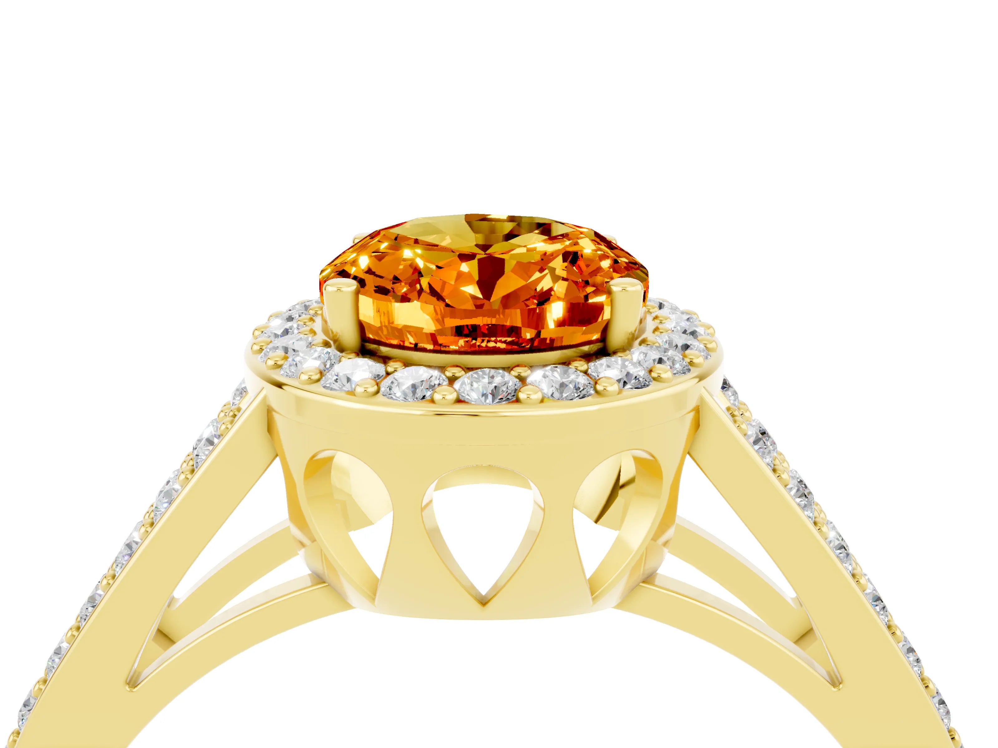Yellow gold Oval Cut Citrine Halo Ring with Split Shank U-Prong Band and Four-Prong Setting_4