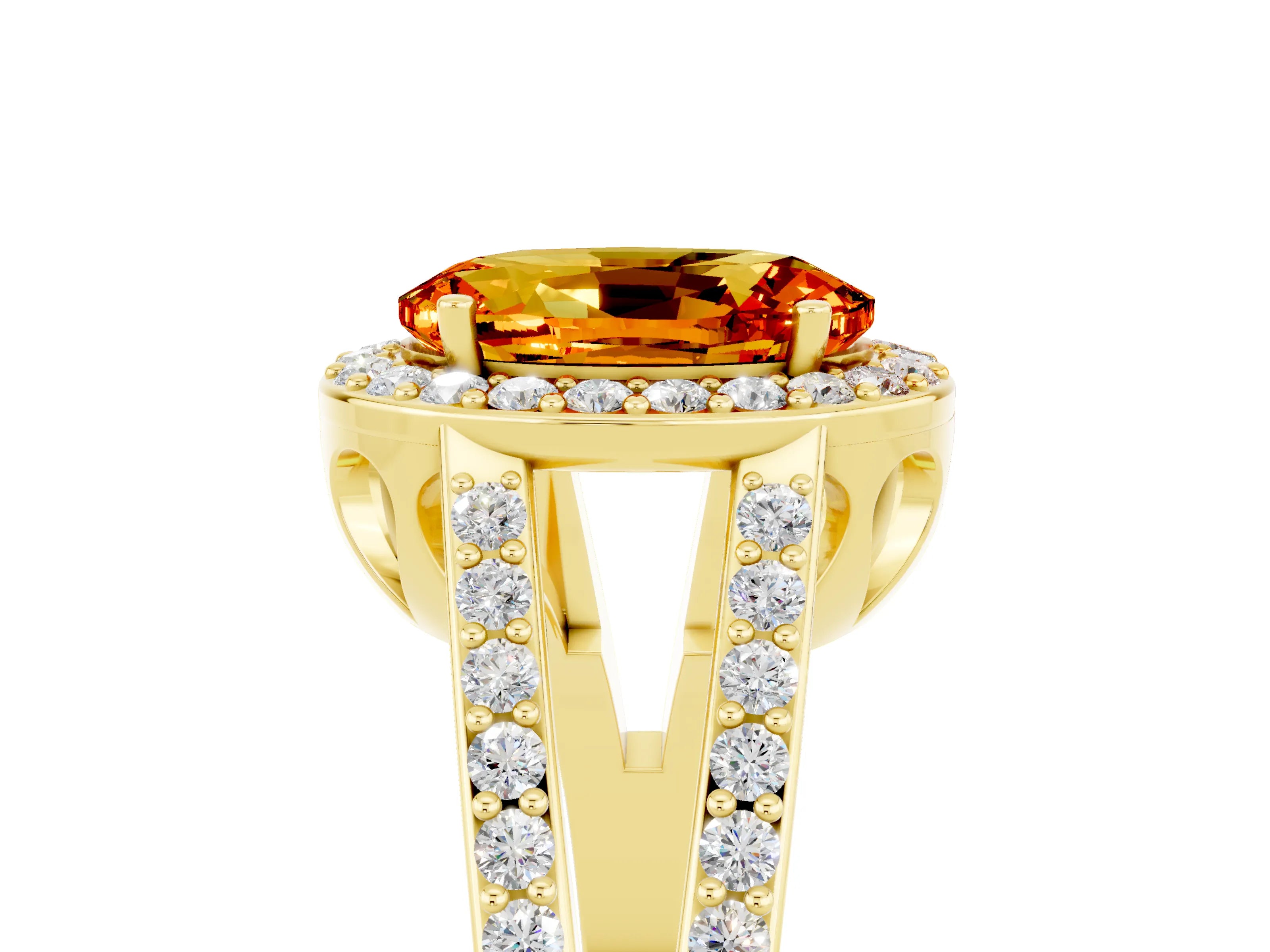 Yellow gold Oval Cut Citrine Halo Ring with Split Shank U-Prong Band and Four-Prong Setting_5