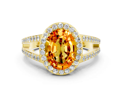 Yellow gold Oval Cut Citrine Halo Ring with Split Shank U-Prong Band and Four-Prong Setting