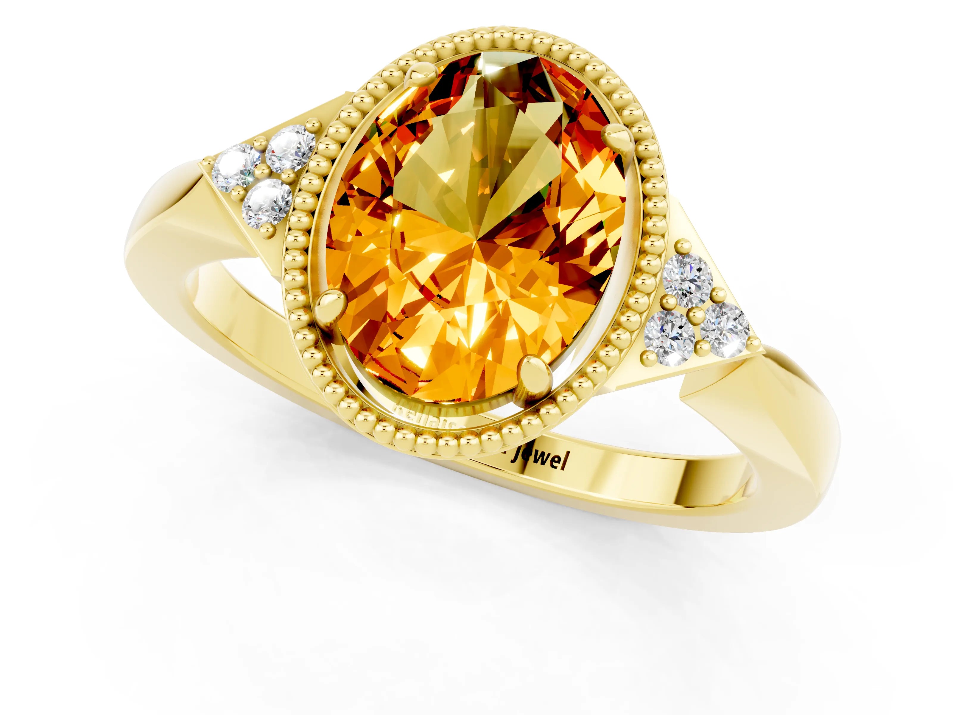 Yellow gold Oval Cut Citrine Halo Ring with Tapered Band and Four-Prong Setting_1