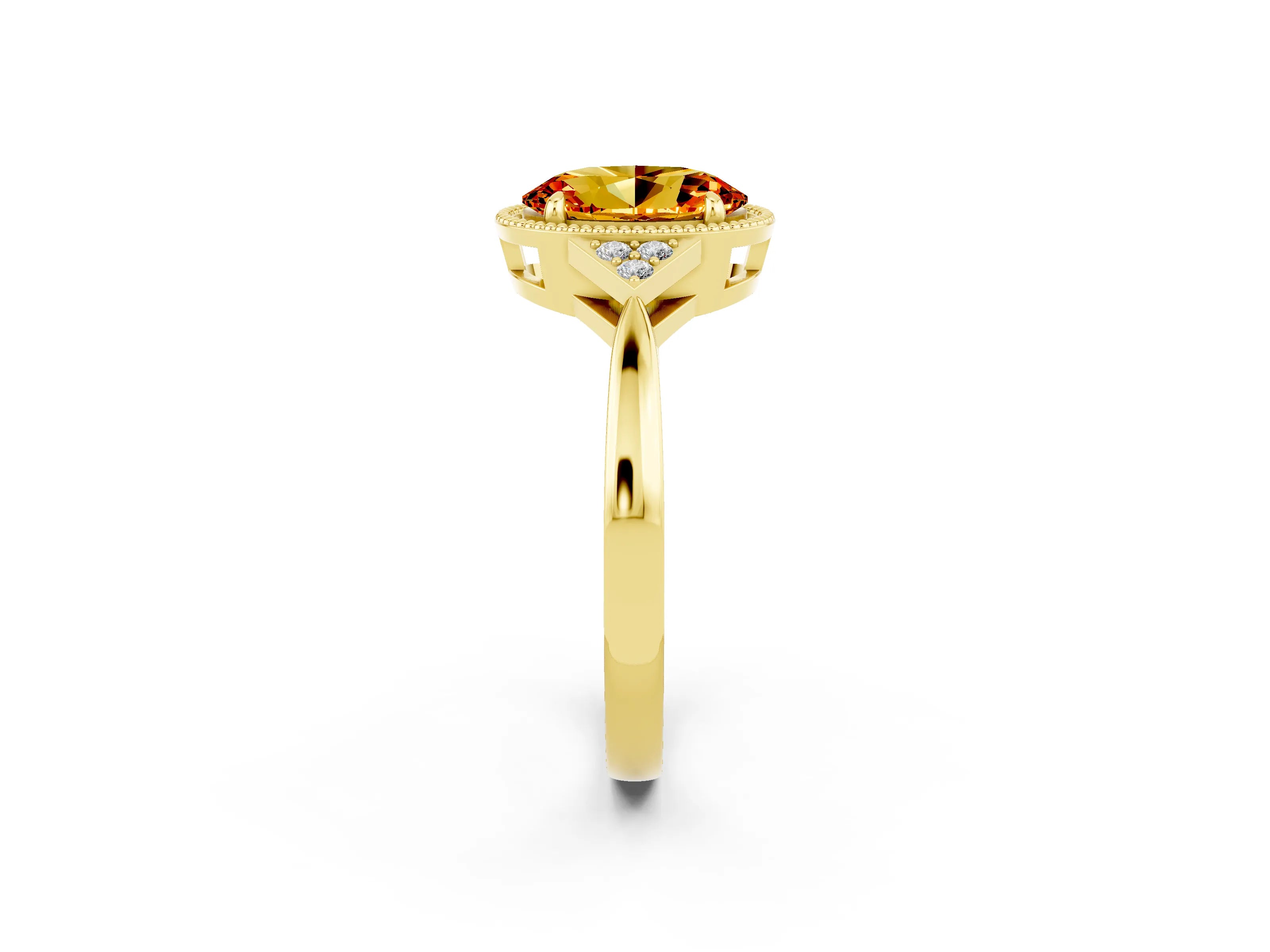Yellow gold Oval Cut Citrine Halo Ring with Tapered Band and Four-Prong Setting_2