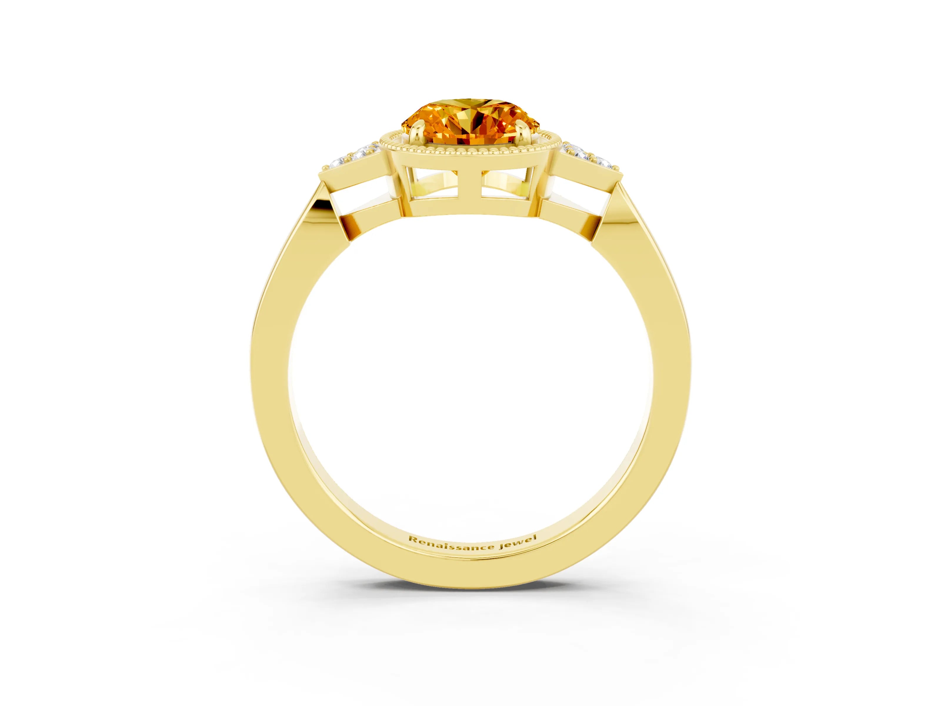 Yellow gold Oval Cut Citrine Halo Ring with Tapered Band and Four-Prong Setting_3