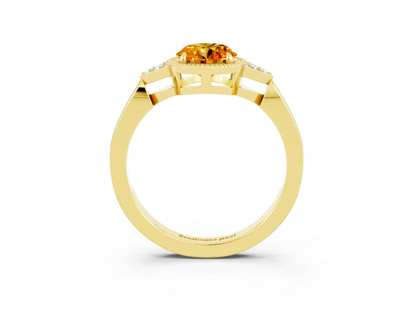 Yellow gold Oval Cut Citrine Halo Ring with Tapered Band and Four-Prong Setting