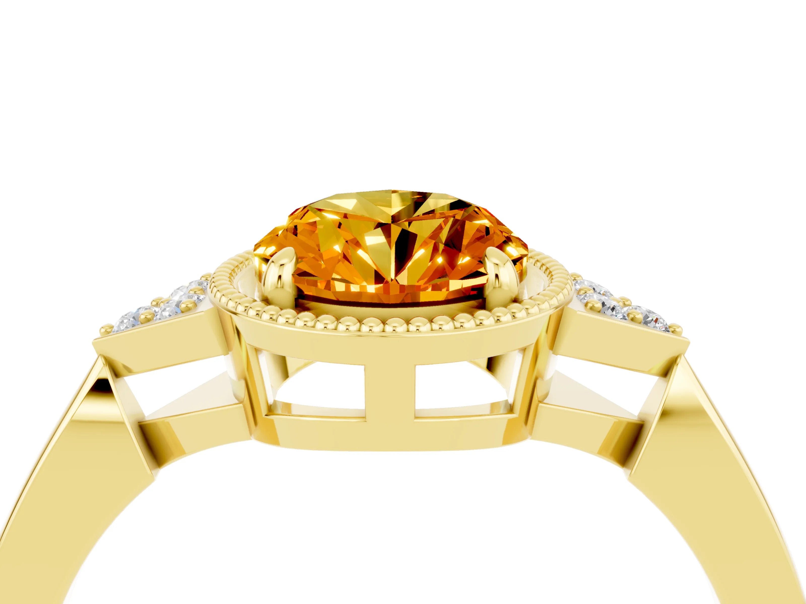 Yellow gold Oval Cut Citrine Halo Ring with Tapered Band and Four-Prong Setting_4