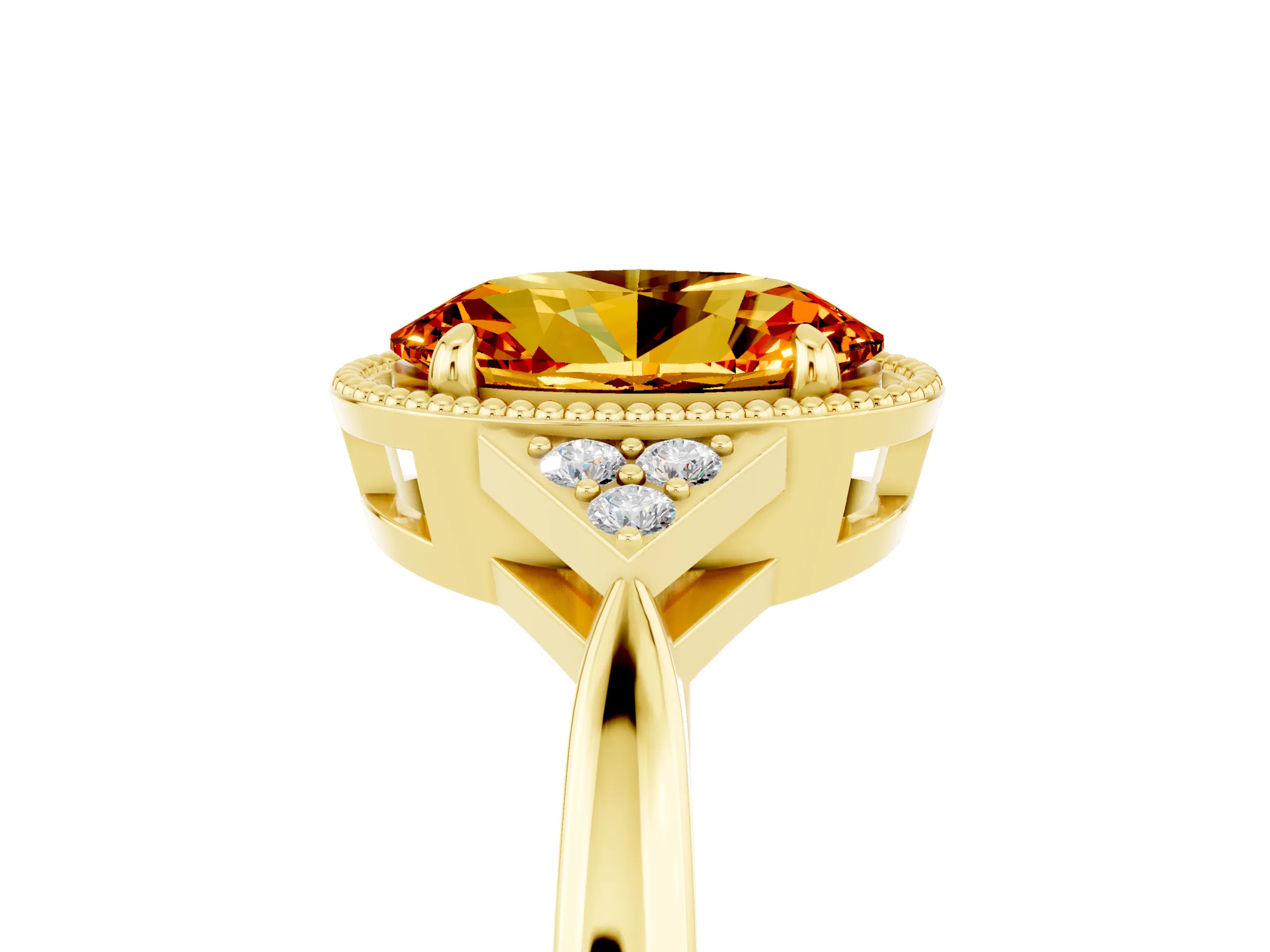 Yellow gold Oval Cut Citrine Halo Ring with Tapered Band and Four-Prong Setting_5