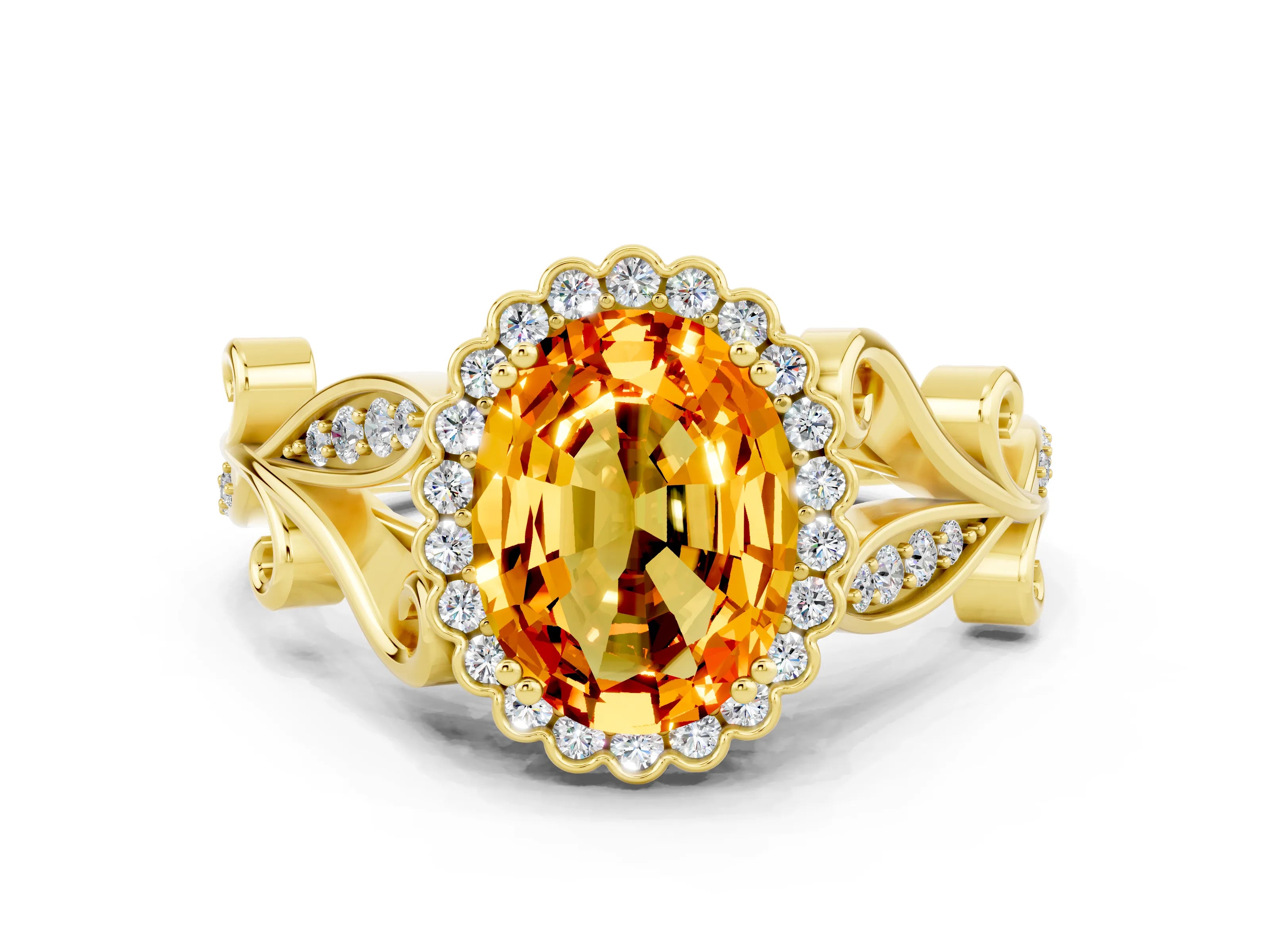 Yellow gold Oval Cut Citrine Halo Ring with Vintage Split Shank and Four-Prong Setting