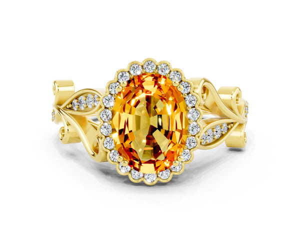 Yellow gold Oval Cut Citrine Halo Ring with Vintage Split Shank and Four-Prong Setting
