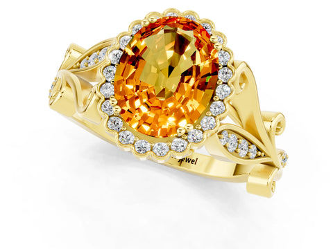 Yellow gold Oval Cut Citrine Halo Ring with Vintage Split Shank and Four-Prong Setting_1