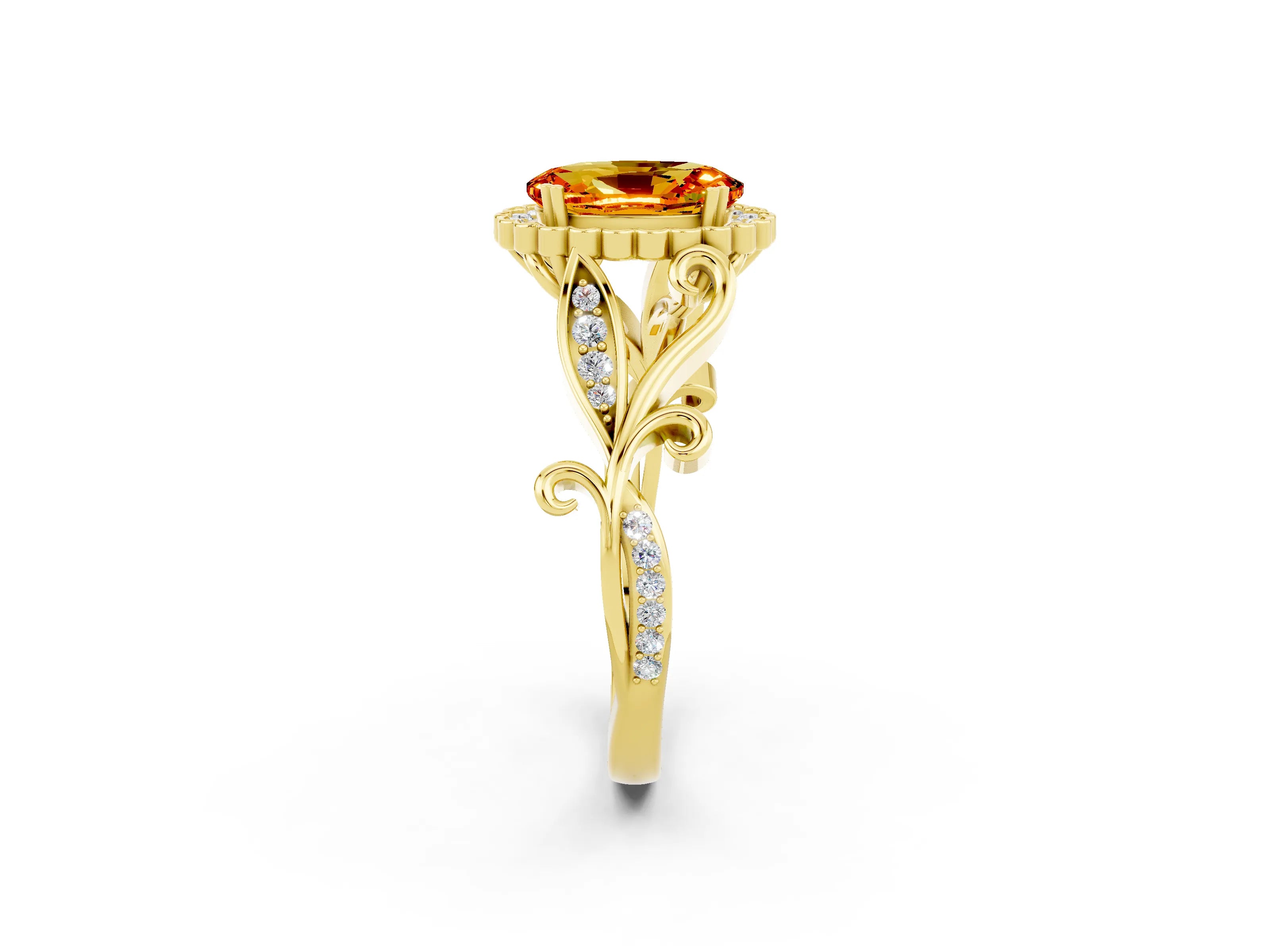 Yellow gold Oval Cut Citrine Halo Ring with Vintage Split Shank and Four-Prong Setting_2