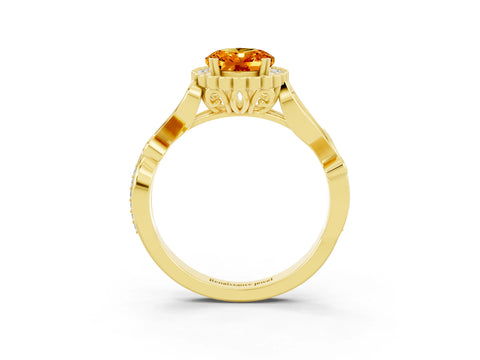 Yellow gold Oval Cut Citrine Halo Ring with Vintage Split Shank and Four-Prong Setting_3
