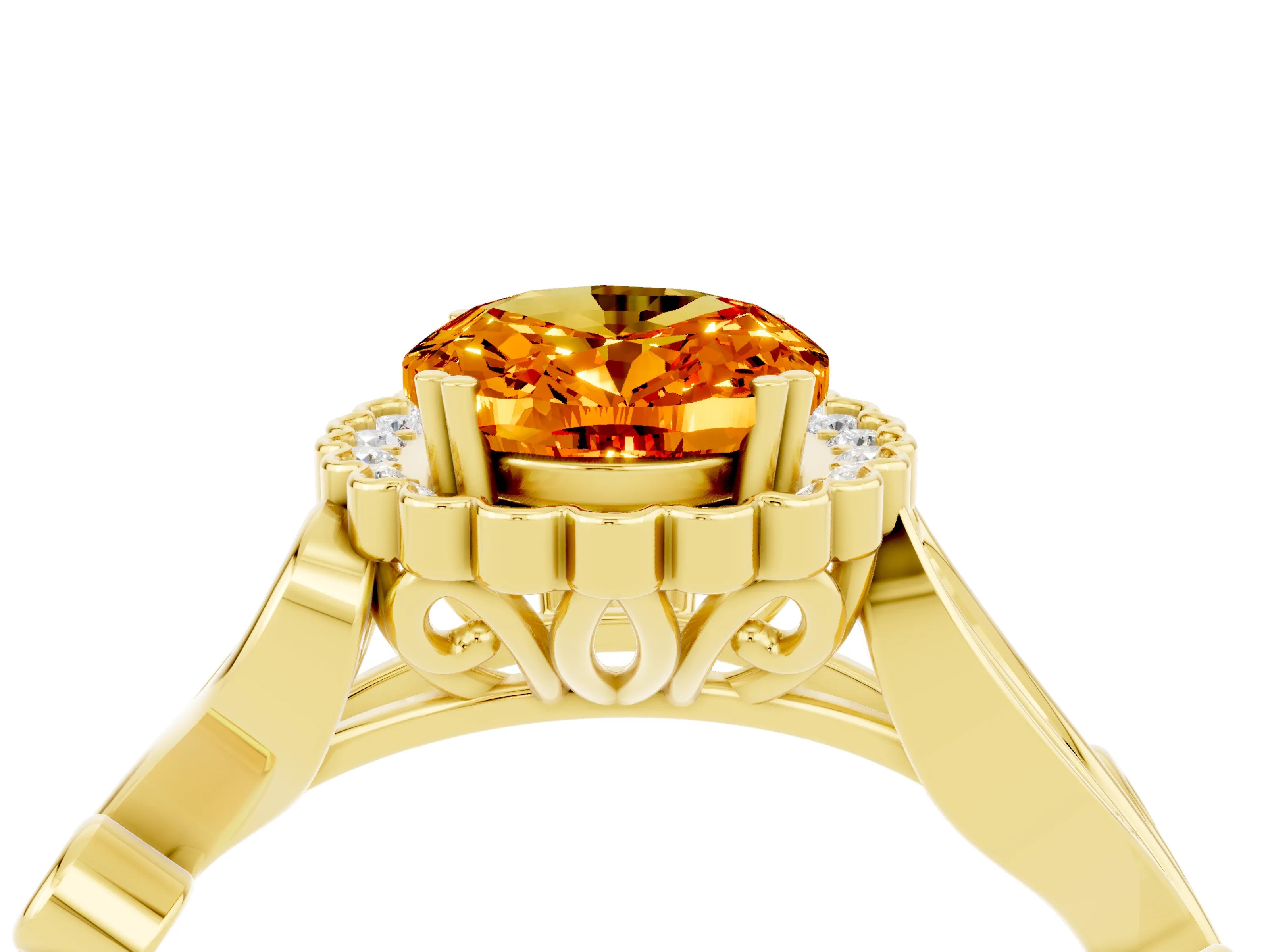 Yellow gold Oval Cut Citrine Halo Ring with Vintage Split Shank and Four-Prong Setting_4