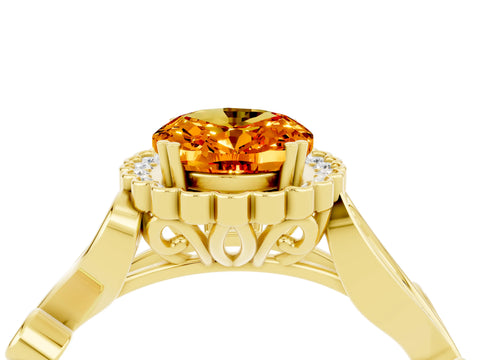 Yellow gold Oval Cut Citrine Halo Ring with Vintage Split Shank and Four-Prong Setting_4