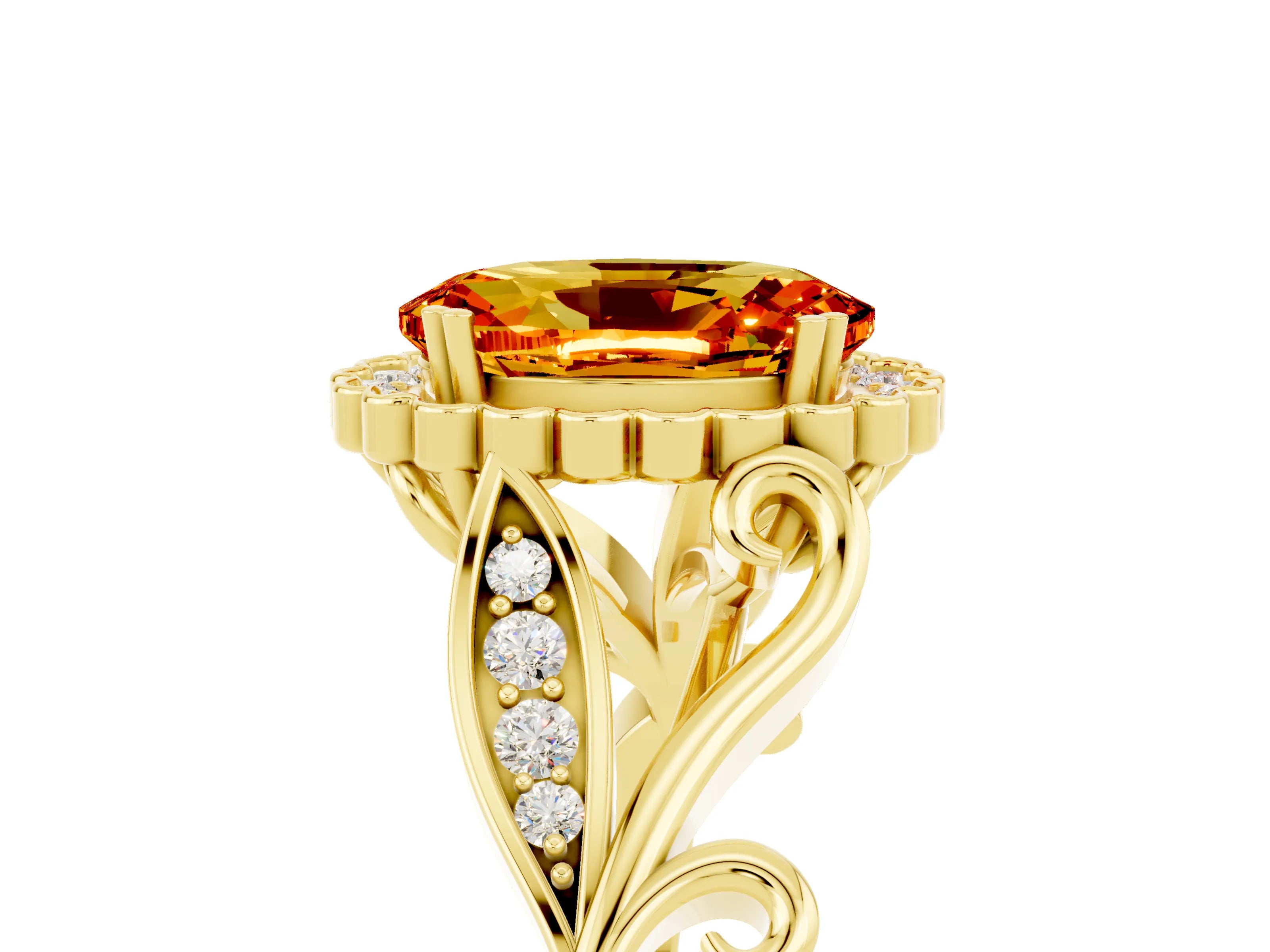 Yellow gold Oval Cut Citrine Halo Ring with Vintage Split Shank and Four-Prong Setting_5
