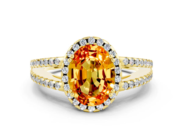 Yellow gold Oval Cut Citrine Halo Split Shank Engagement Ring