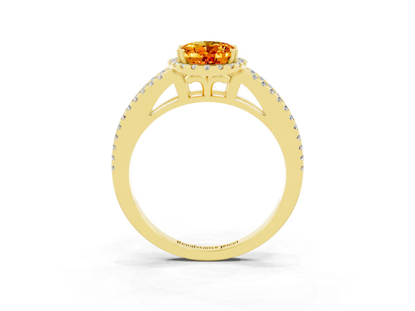 Yellow gold Oval Cut Citrine Halo Split Shank Engagement Ring