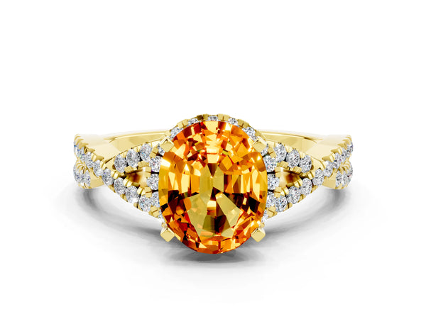 Yellow gold Oval Cut Citrine  Halo Twist Band Solitaire Prong Setting Ring