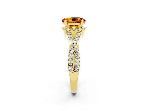 Yellow gold Oval Cut Citrine  Halo Twist Band Solitaire Prong Setting Ring