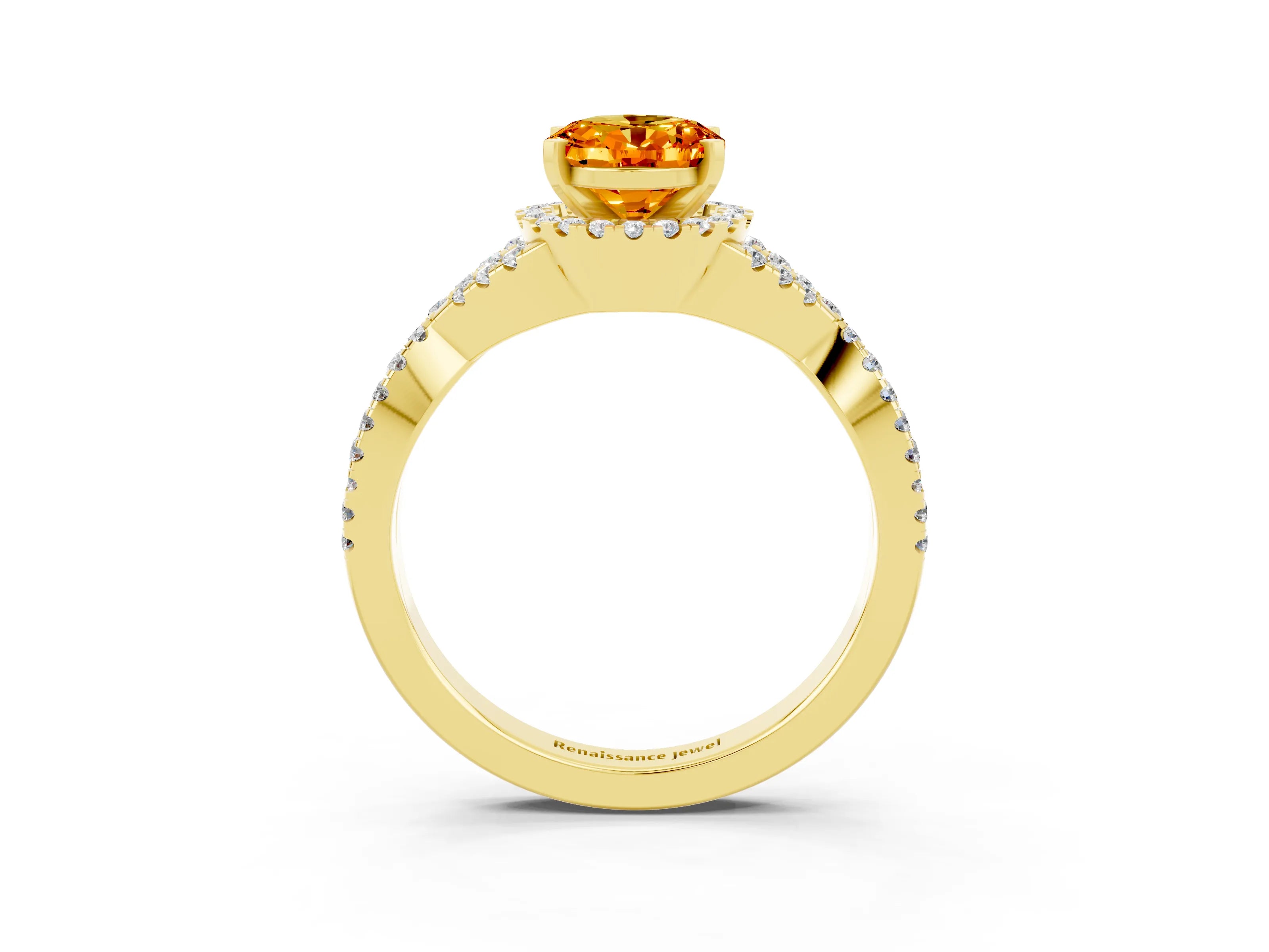 Yellow gold Oval Cut Citrine Halo Twist Band Solitaire Prong Setting Ring_3