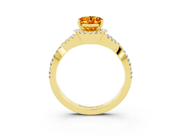 Yellow gold Oval Cut Citrine  Halo Twist Band Solitaire Prong Setting Ring
