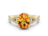Yellow gold Oval Cut Citrine  Halo Twist Band Solitaire Prong Setting Ring_42
