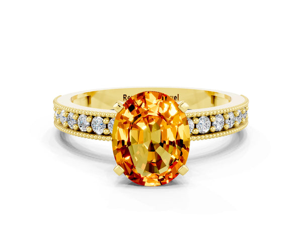 Yellow gold Oval Cut Citrine Milgrain Pavé Engagement Ring with Four-Prong Setting