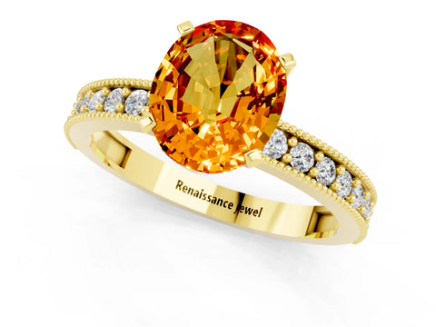 Yellow gold Oval Cut Citrine Milgrain Pavé Engagement Ring with Four-Prong Setting_13
