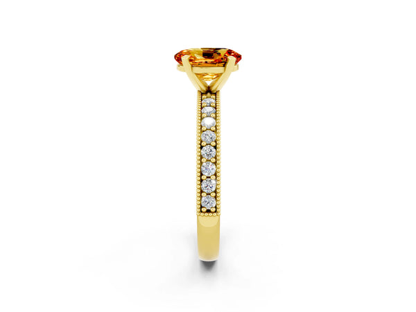 Yellow gold Oval Cut Citrine Milgrain Pavé Engagement Ring with Four-Prong Setting